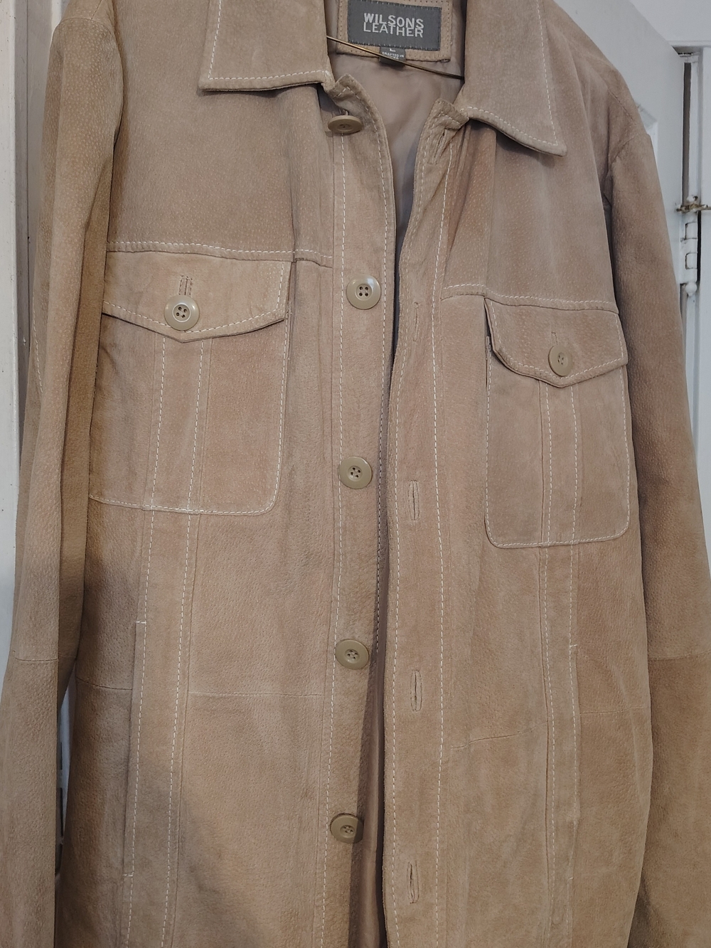 Wilsons Leather Shirt Jacket Tan Suede Button-Front Coat Seven Pockets